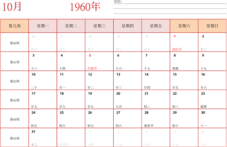 日历表1960年